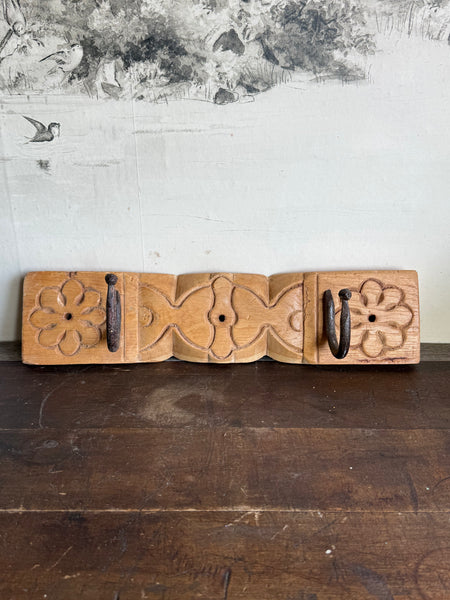 Chunky Rustic Carved Bleached Wall Rack With Iron Hooks