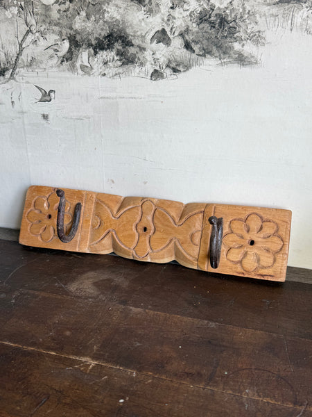 Chunky Rustic Carved Bleached Wall Rack With Iron Hooks