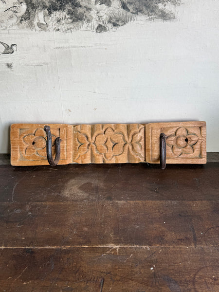 Chunky Rustic Carved Bleached Wall Rack With Iron Hooks