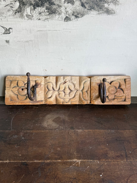 Chunky Rustic Carved Bleached Wall Rack With Iron Hooks