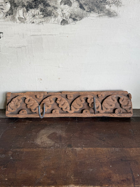 Rustic HandCarved Wall Rack With Iron Hooks