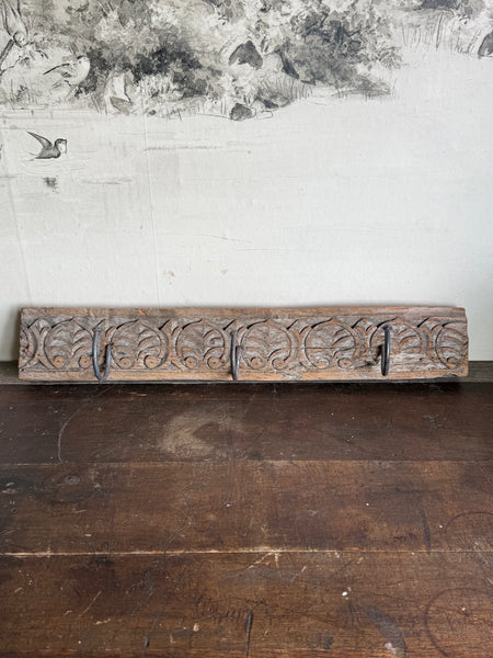 Rustic Handcarved Wall Rack With Iron Hooks