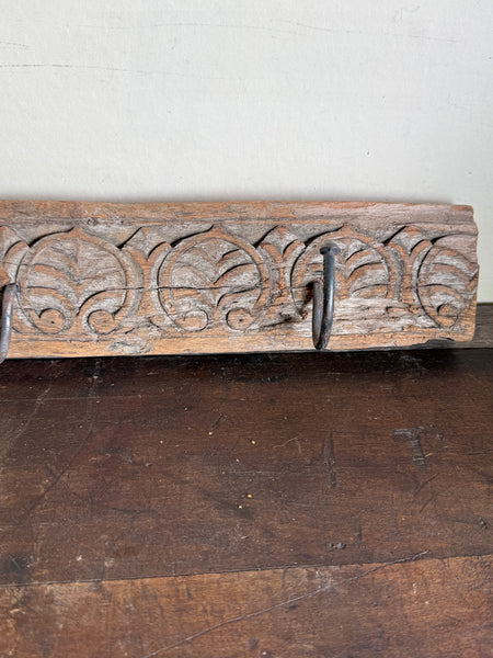 Rustic Handcarved Wall Rack With Iron Hooks