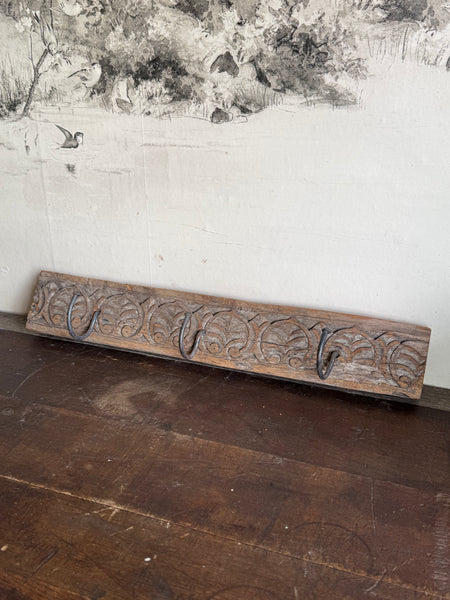 Rustic Handcarved Wall Rack With Iron Hooks