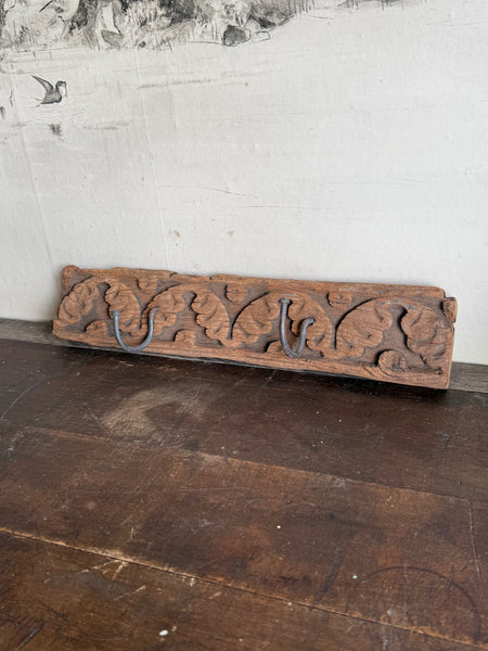 Rustic HandCarved Wall Rack With Iron Hooks