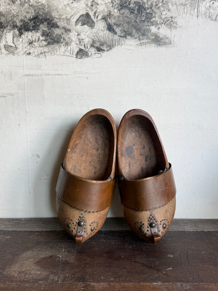 Vintage Pair Of Wooden Clogs With Metal Detail