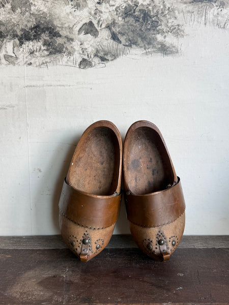 Vintage Pair Of Wooden Clogs With Metal Detail