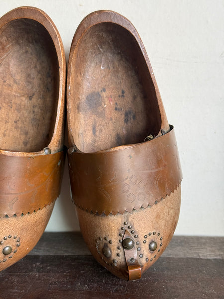 Vintage Pair Of Wooden Clogs With Metal Detail