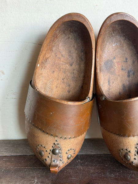 Vintage Pair Of Wooden Clogs With Metal Detail