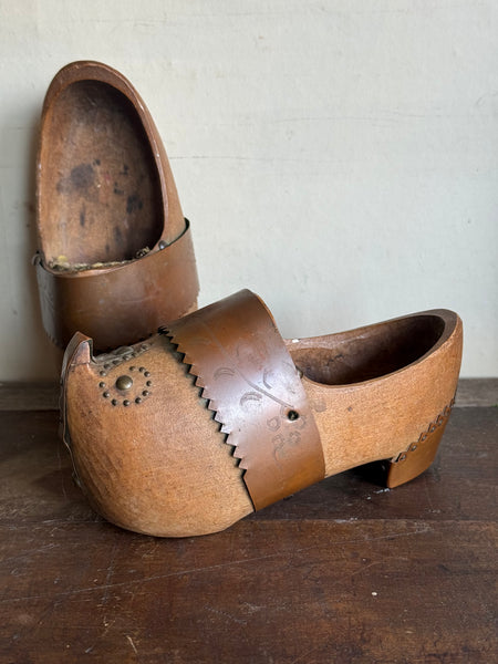 Vintage Pair Of Wooden Clogs With Metal Detail